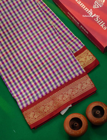 9.5 Yards Semi Silk Saree Violet & White Checks With Contrast Maroon Traditional Border