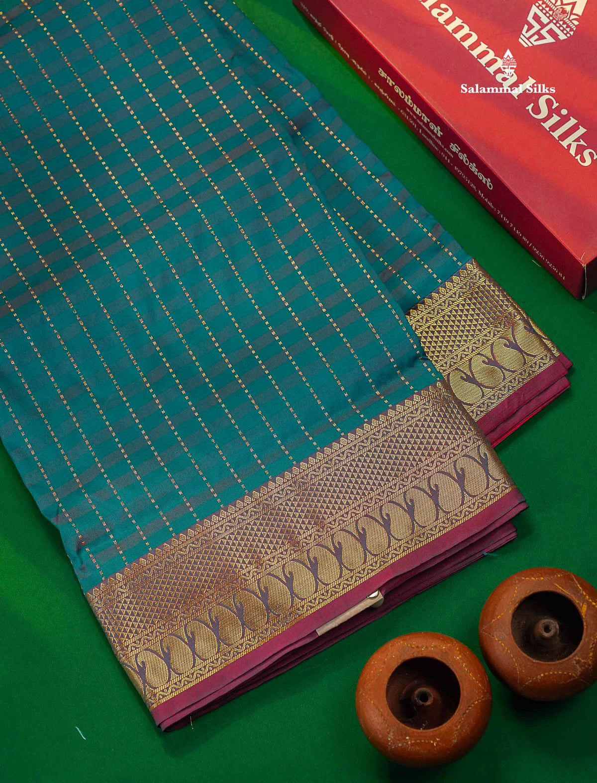 9 Yards Semi Silk Saree Maroon & Brown Colour with Green Border