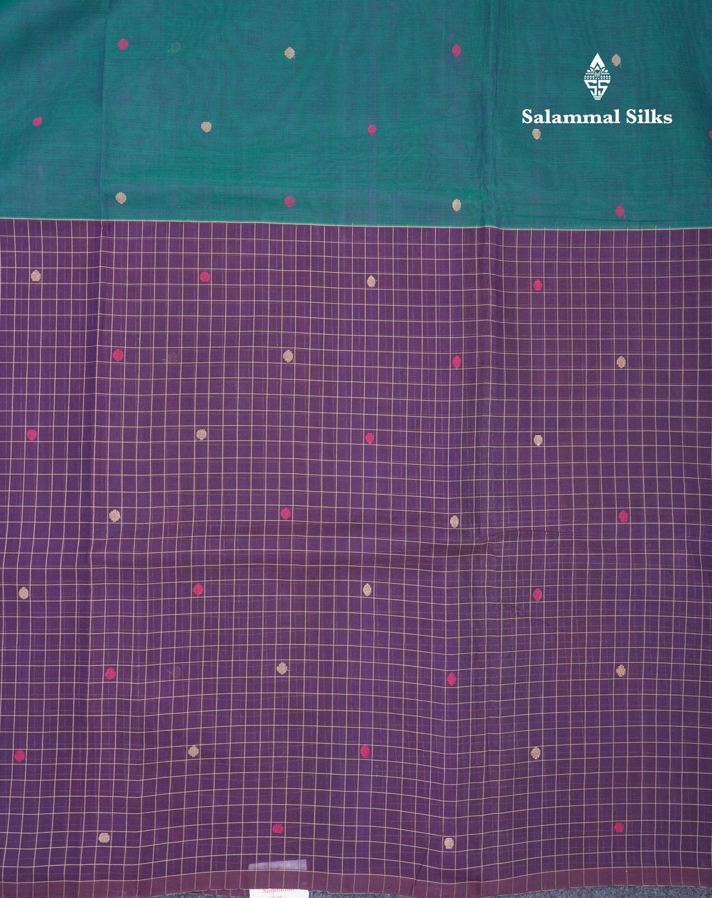 Dual Tine Peacock Green Butta & Dark Purple Checks With Butta Half And Half Pure Cotton Saree With Contrast Dark Purple Blouse