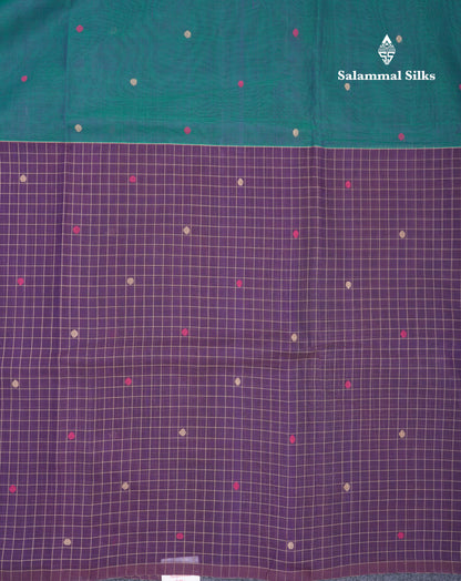 Dual Tine Peacock Green Butta & Dark Purple Checks With Butta Half And Half Pure Cotton Saree With Contrast Dark Purple Blouse