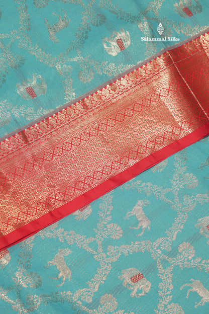 Sky Blue Colour Semi Silk Saree With Contrast Long Red Border