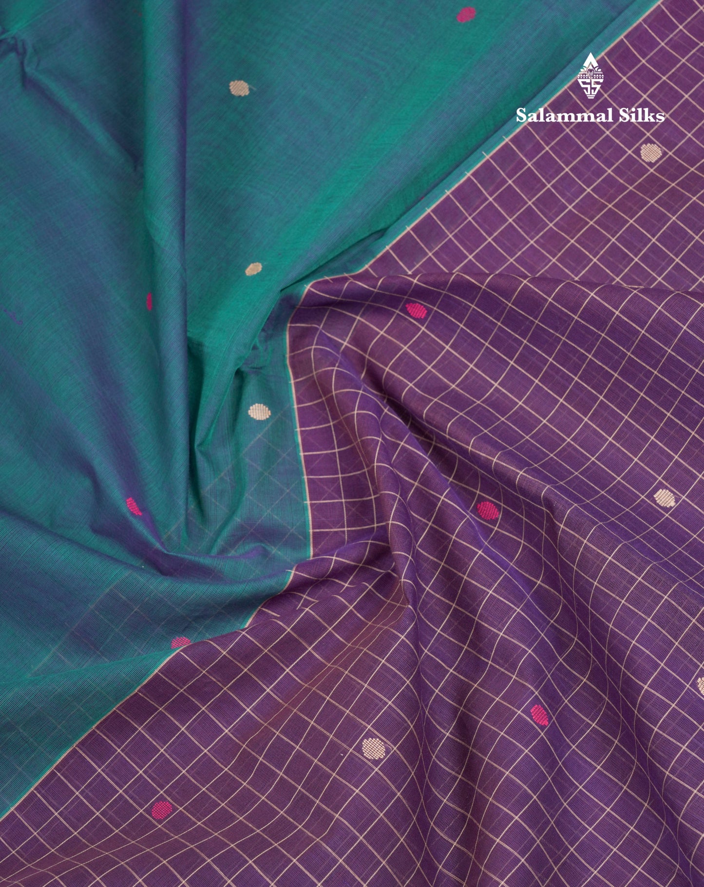 Dual Tine Peacock Green Butta & Dark Purple Checks With Butta Half And Half Pure Cotton Saree With Contrast Dark Purple Blouse