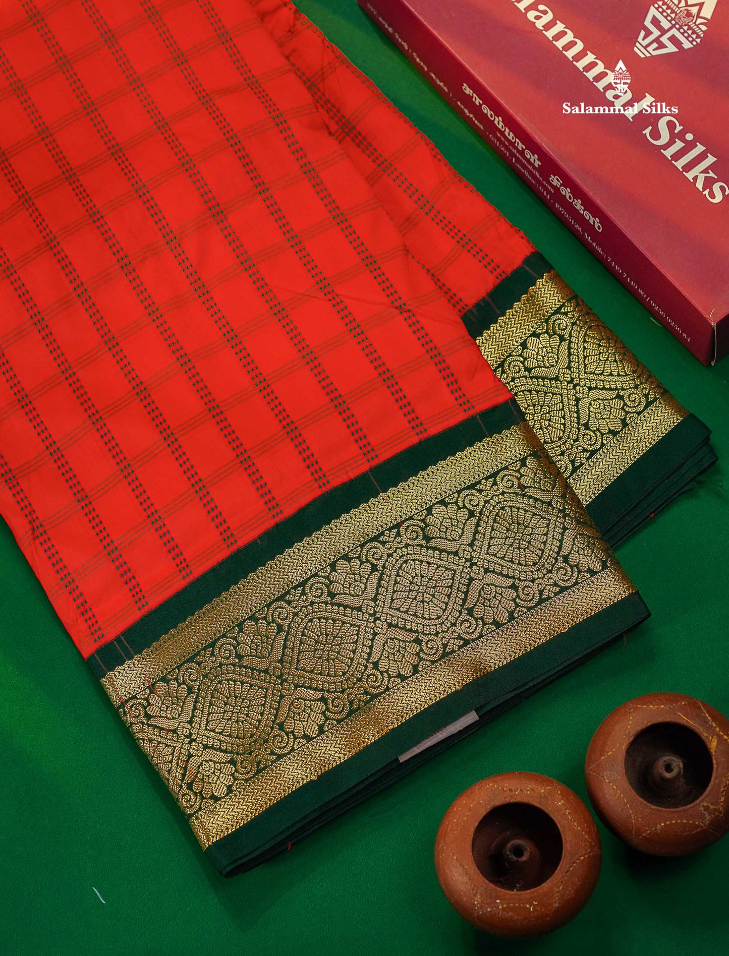 9 Yards Semi Silk Saree Orange Colour with Bottle Green Border
