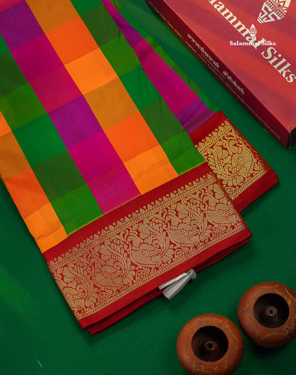 Semi Silk Saree - Paalum Pazham Checks Multicolour Colour Body With Contrast Maroon Border | 9 Yards