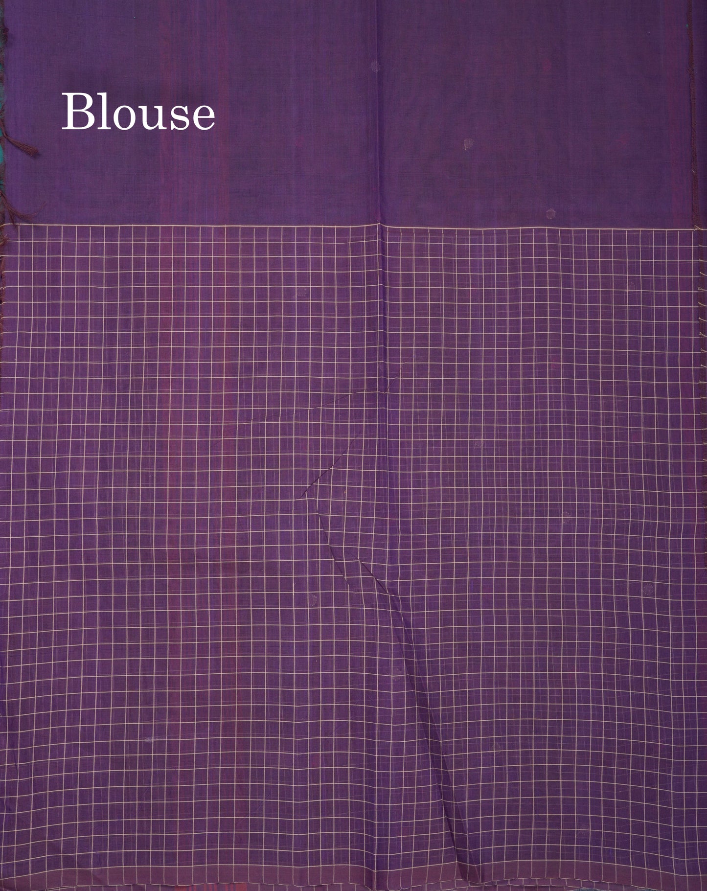 Dual Tine Peacock Green Butta & Dark Purple Checks With Butta Half And Half Pure Cotton Saree With Contrast Dark Purple Blouse