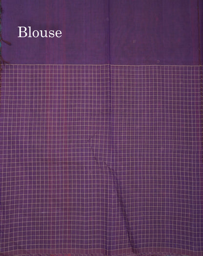 Dual Tine Peacock Green Butta & Dark Purple Checks With Butta Half And Half Pure Cotton Saree With Contrast Dark Purple Blouse