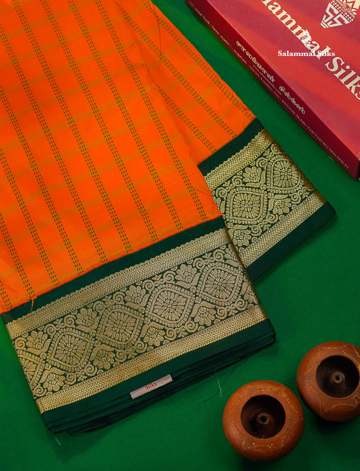 9 Yards Semi Silk Saree Orange Colour with Bottle Green Border