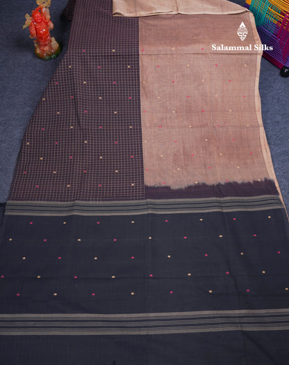 Dual Tine Peacock Green Butta & Dark Purple Checks With Butta Half And Half Pure Cotton Saree With Contrast Dark Purple Blouse
