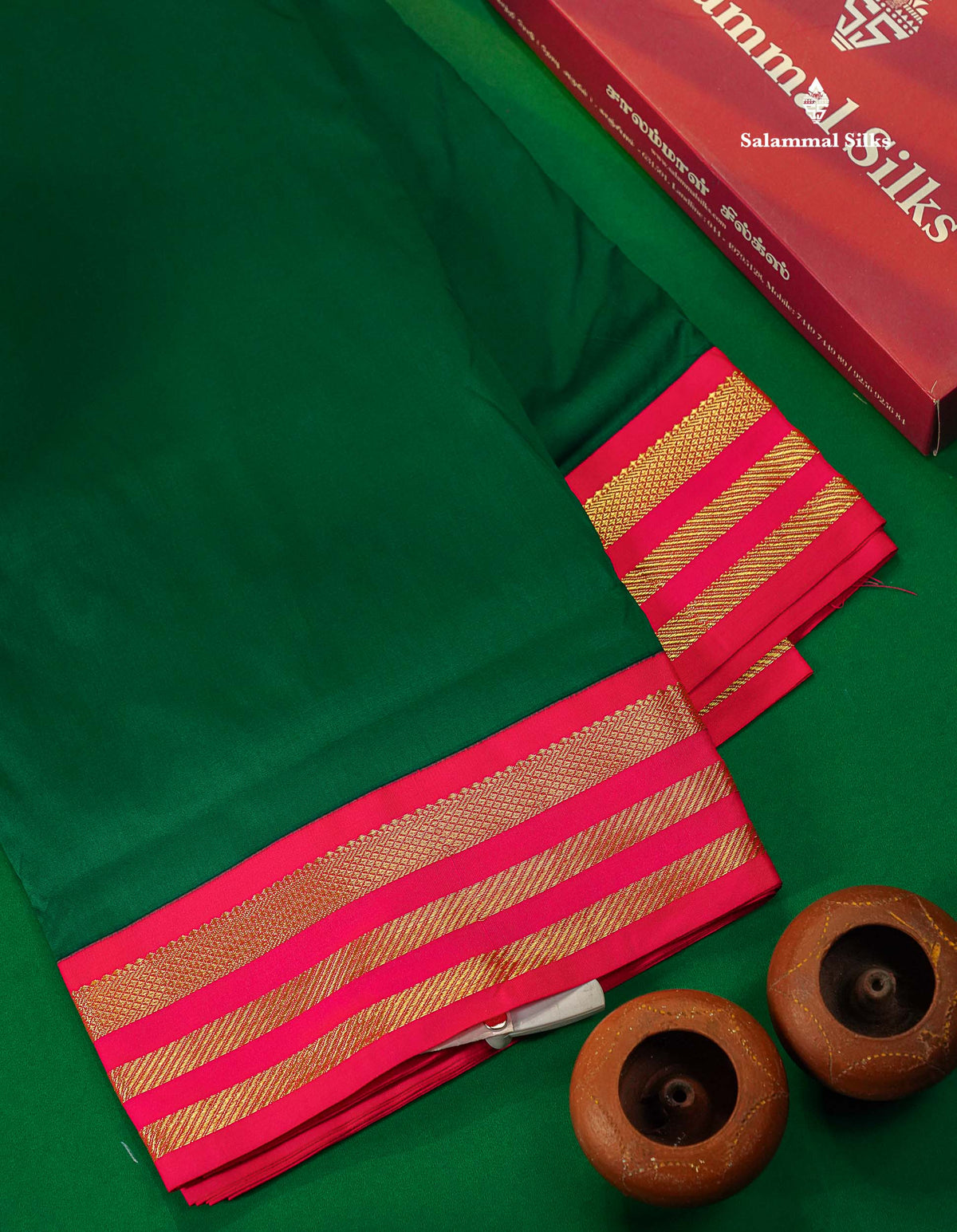 9.5 Yards Semi Silk Saree Bottle Green with Contrast Pink Traditional Border