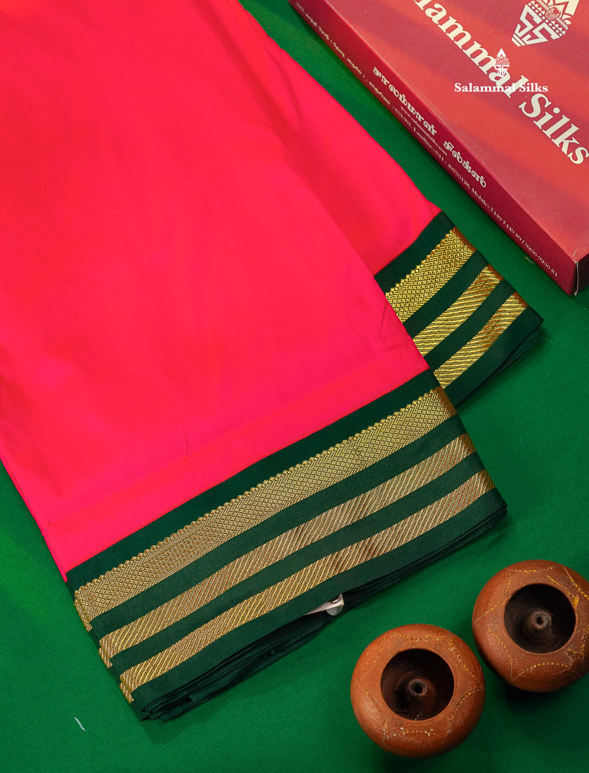 9.5 Yards Semi Silk Saree Pink with Contrast Bottle Green Traditional Border