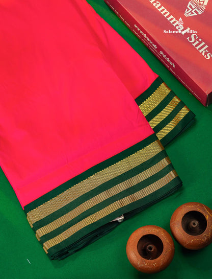 9.5 Yards Semi Silk Saree Pink with Contrast Bottle Green Traditional Border