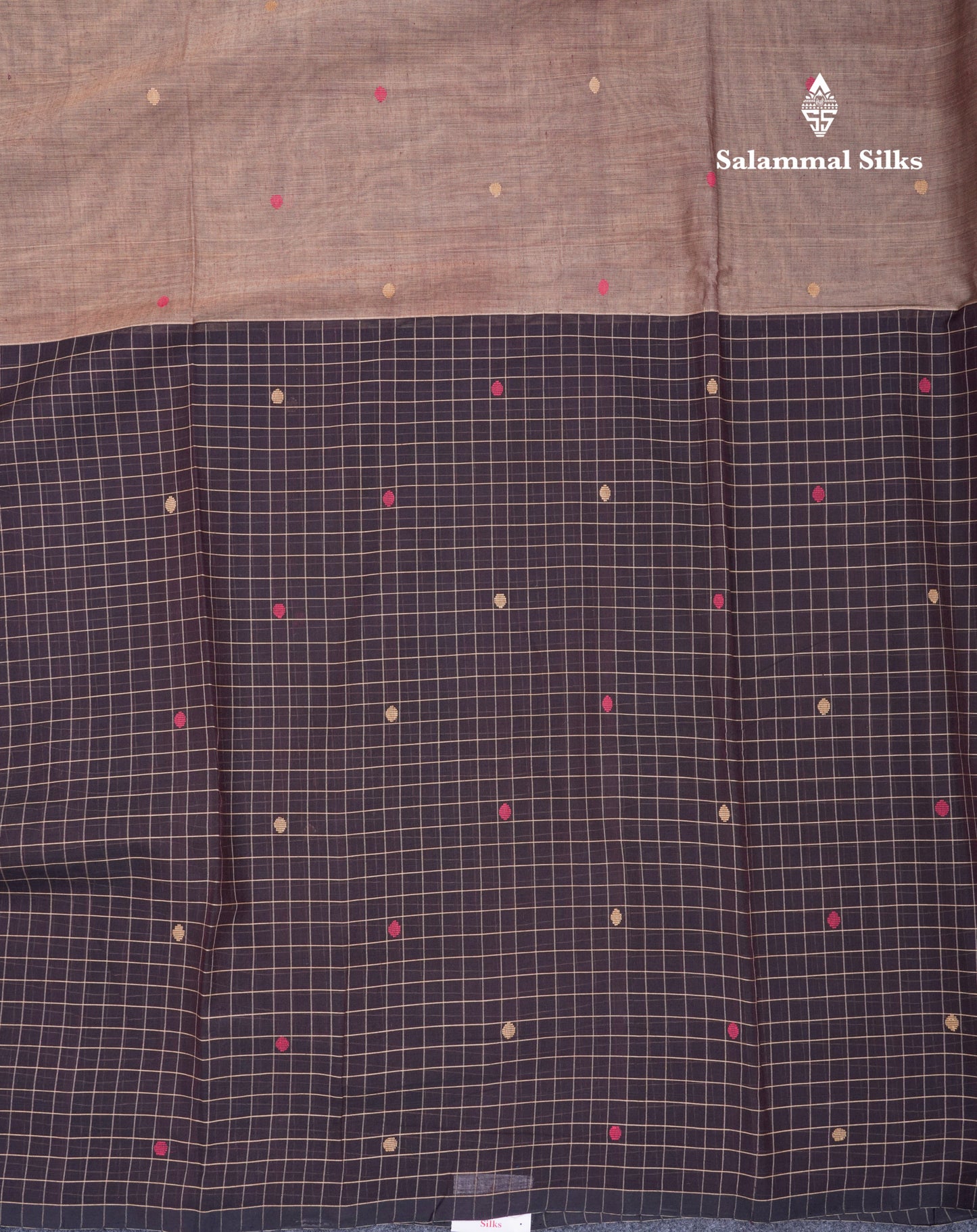 Dual Tine Peacock Green Butta & Dark Purple Checks With Butta Half And Half Pure Cotton Saree With Contrast Dark Purple Blouse