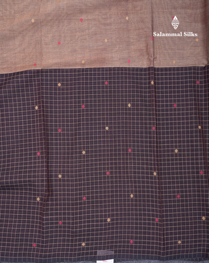 Dual Tine Peacock Green Butta & Dark Purple Checks With Butta Half And Half Pure Cotton Saree With Contrast Dark Purple Blouse