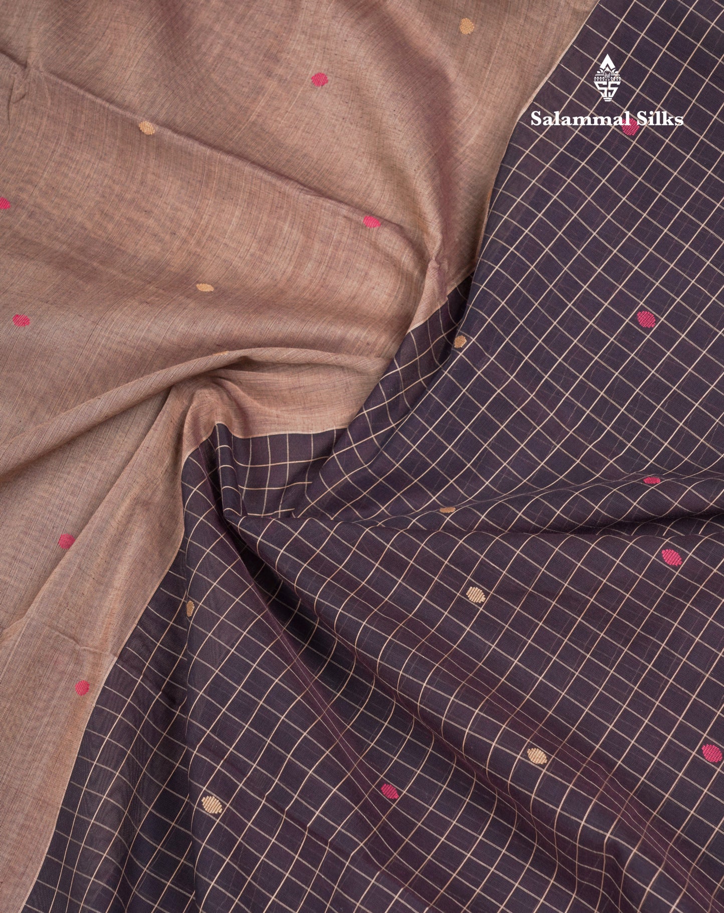 Dual Tine Peacock Green Butta & Dark Purple Checks With Butta Half And Half Pure Cotton Saree With Contrast Dark Purple Blouse