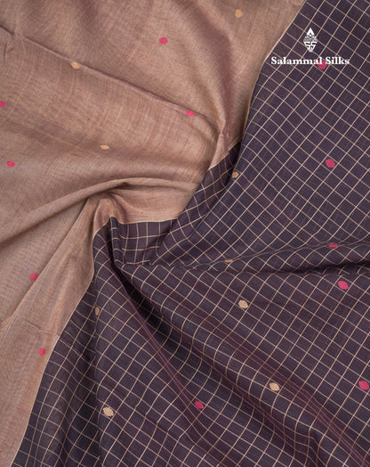 Dual Tine Peacock Green Butta & Dark Purple Checks With Butta Half And Half Pure Cotton Saree With Contrast Dark Purple Blouse