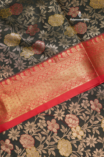 Bottle Green Colour Semi Silk Saree With Contrast Long Red Border