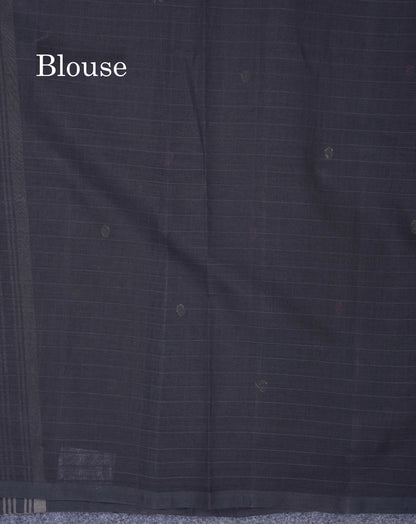 Dual Tine Peacock Green Butta & Dark Purple Checks With Butta Half And Half Pure Cotton Saree With Contrast Dark Purple Blouse