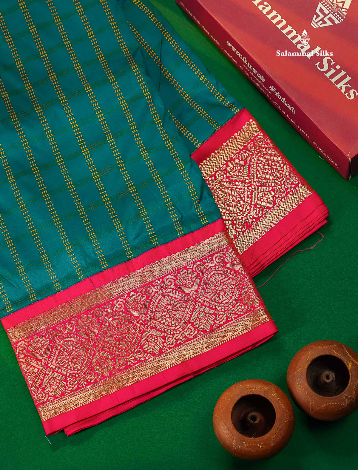 9 Yards Semi Silk Saree Orange Colour with Bottle Green Border
