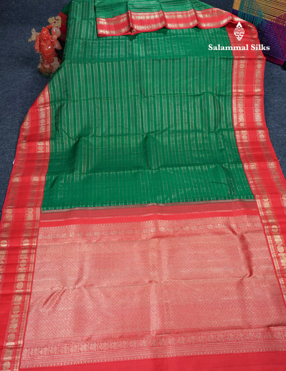 Green Pure Kanjivaram Silk Saree Pure Silver Zari with Contrast Tomato Red Traditional Gap Border