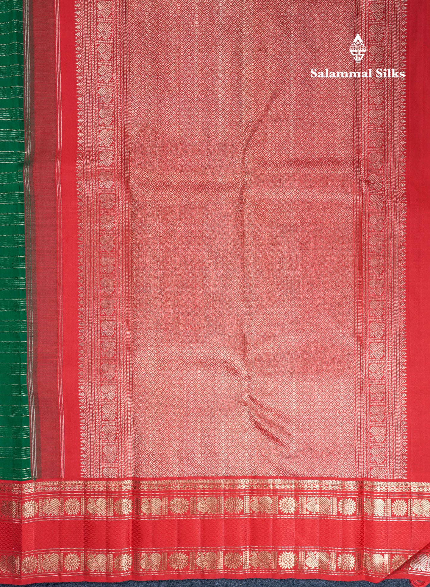 Green Pure Kanjivaram Silk Saree Pure Silver Zari with Contrast Tomato Red Traditional Gap Border
