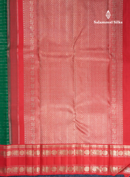 Green Pure Kanjivaram Silk Saree Pure Silver Zari with Contrast Tomato Red Traditional Gap Border