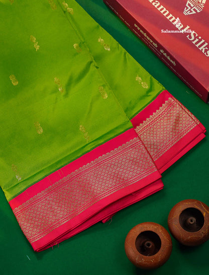 9.5 Yards Semi Silk Saree Parrot Green with Contrast Pink Border