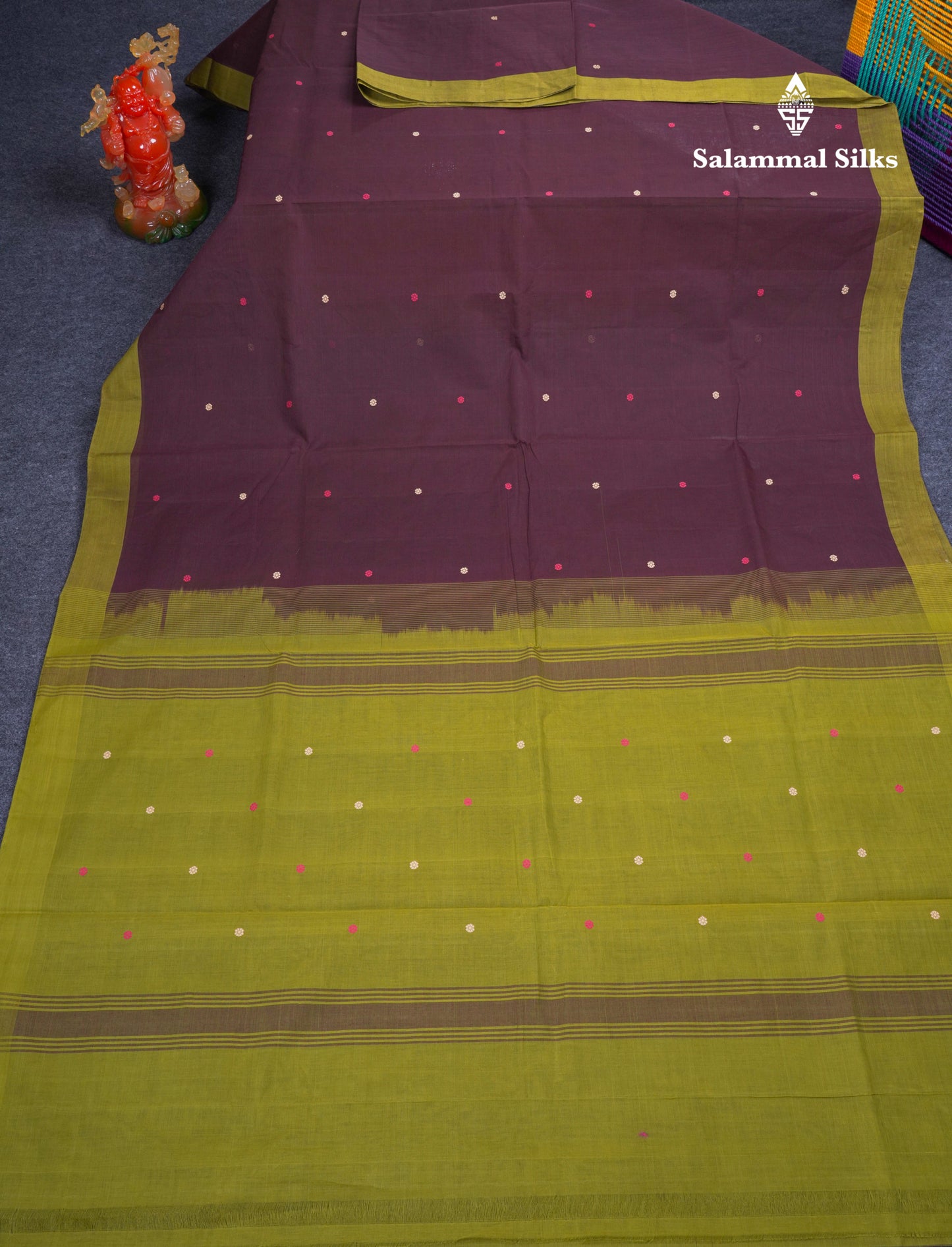 Beautiful Dark Brown Thread Work Butta Pure Cotton Saree With Contrast Dark Sandal Border