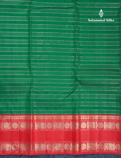 Green Pure Kanjivaram Silk Saree Pure Silver Zari with Contrast Tomato Red Traditional Gap Border
