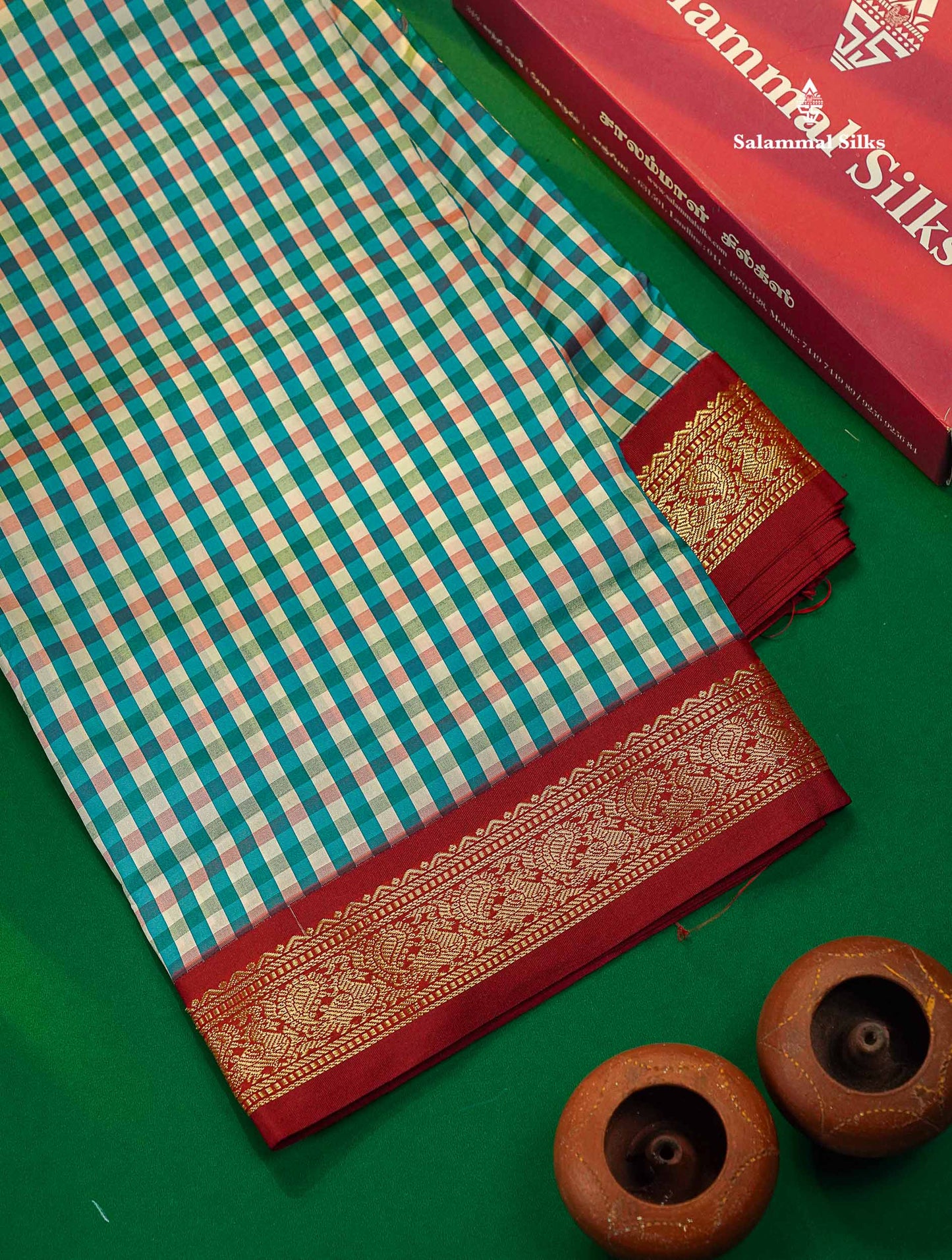 9.5 Yards Semi Silk Saree Multicolour Checks with Maroon Border