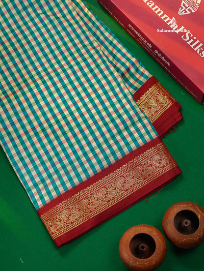 9.5 Yards Semi Silk Saree Multicolour Checks with Maroon Border