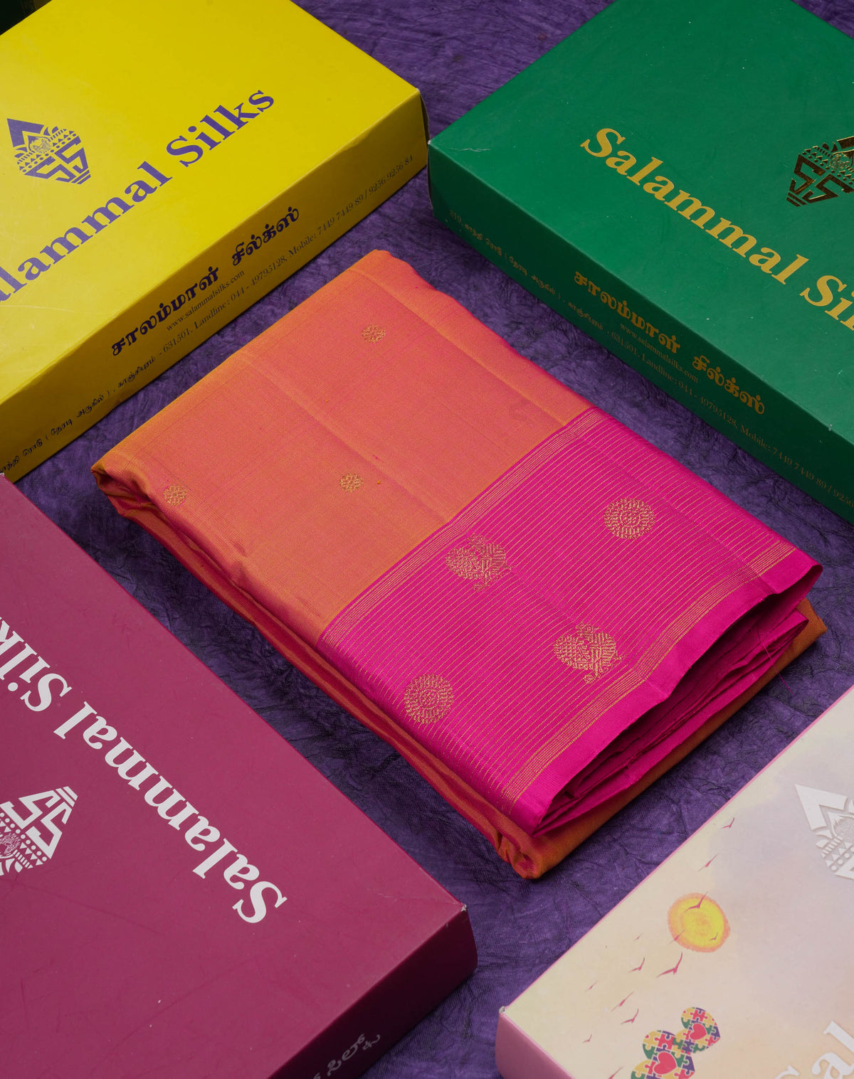 Beautiful Dual Tone Orange Zari Butta Pure Kanjivaram Silk Saree With Contrast Magenta Pink Vaira Oosi Lines With Butta Traditional Border