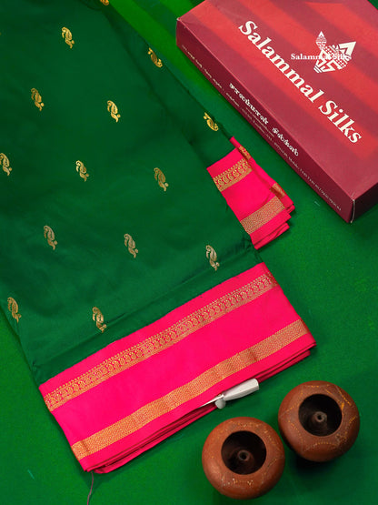 9.5 Yards Semi Silk Saree Bottle Green with Contrast Pink Traditional Rettapet Border