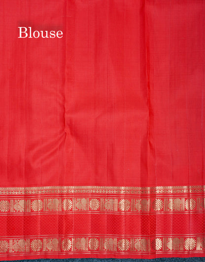 Green Pure Kanjivaram Silk Saree Pure Silver Zari with Contrast Tomato Red Traditional Gap Border