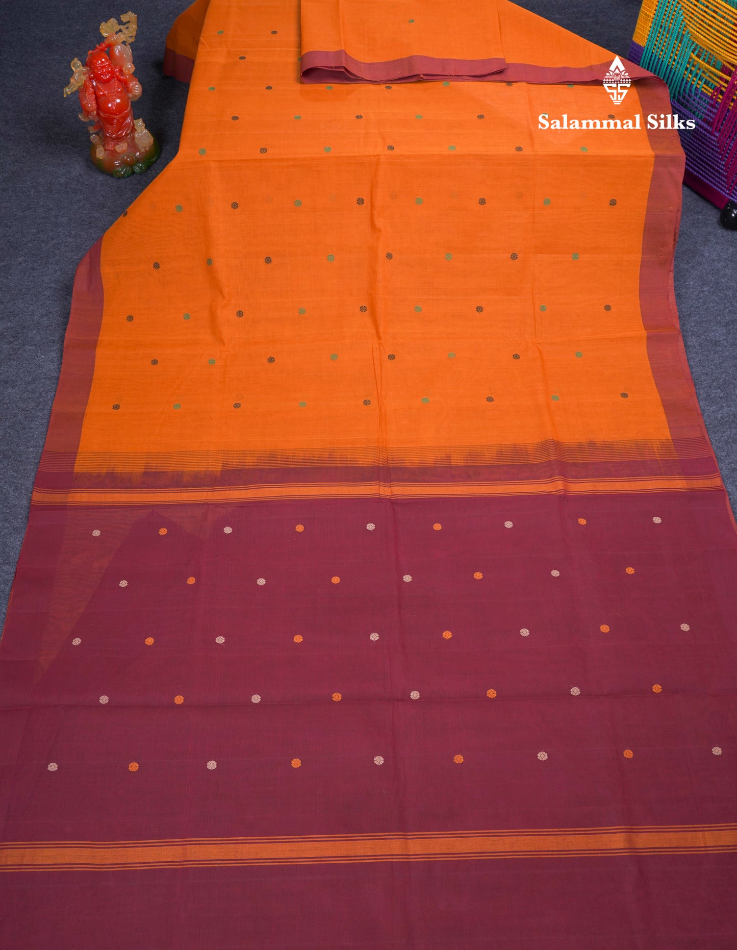 Beautiful Dark Brown Thread Work Butta Pure Cotton Saree With Contrast Dark Sandal Border