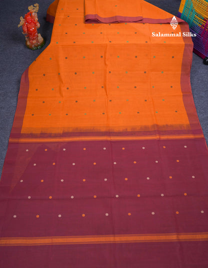 Beautiful Dark Brown Thread Work Butta Pure Cotton Saree With Contrast Dark Sandal Border