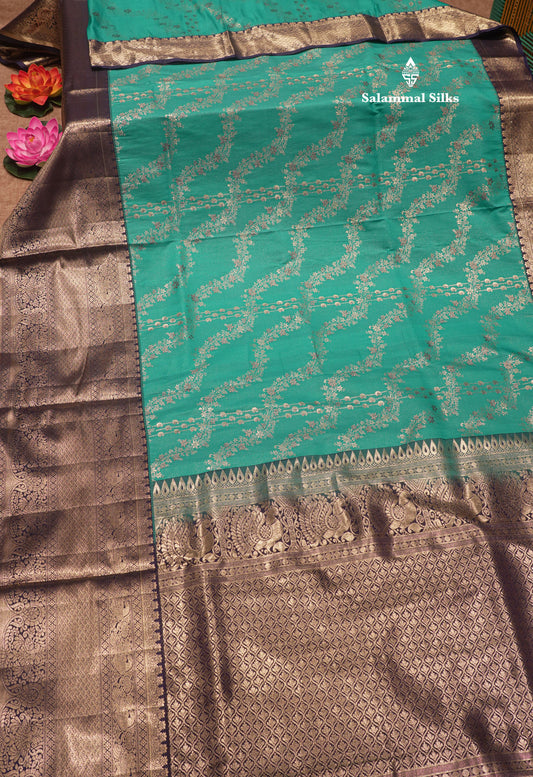 Sapphire Green Colour Semi Silk Saree With Contrast Long Navy Blue Border