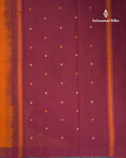 Beautiful Dark Brown Thread Work Butta Pure Cotton Saree With Contrast Dark Sandal Border