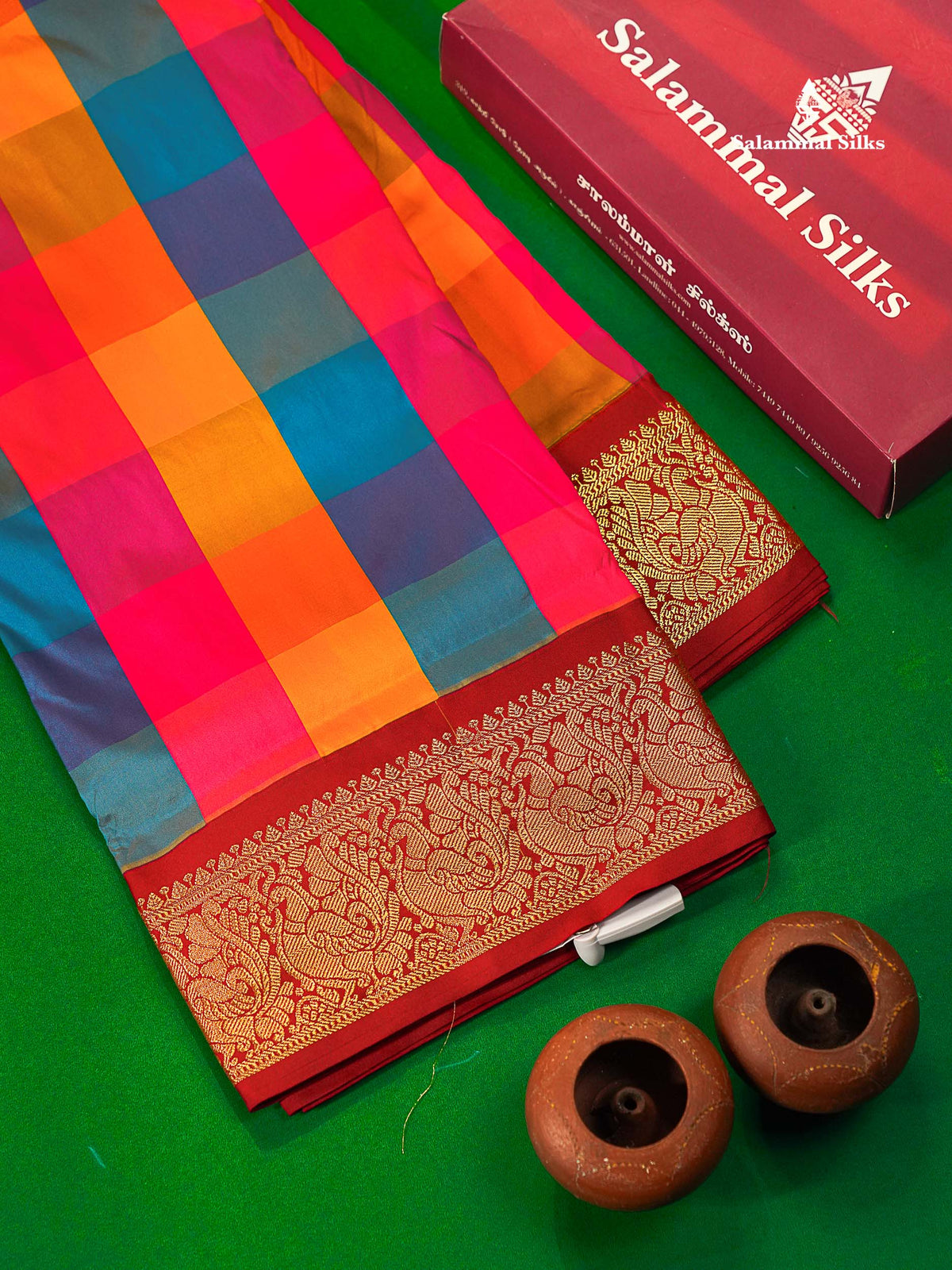 9 Yards Semi Silk Saree Paalum Pazham Checks With Contrast Maroon Traditional Border
