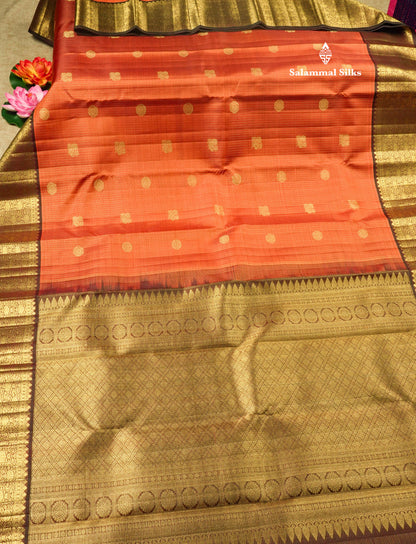 Rust Orange Tiny Zari Checks Pure Kanjivaram Silk Saree 2G Zari with Contrast Brown Border