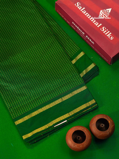 Semi Silk Saree - Bottle Green Colour Body Small Checks With Traditional Gap Border | 9 Yards 
