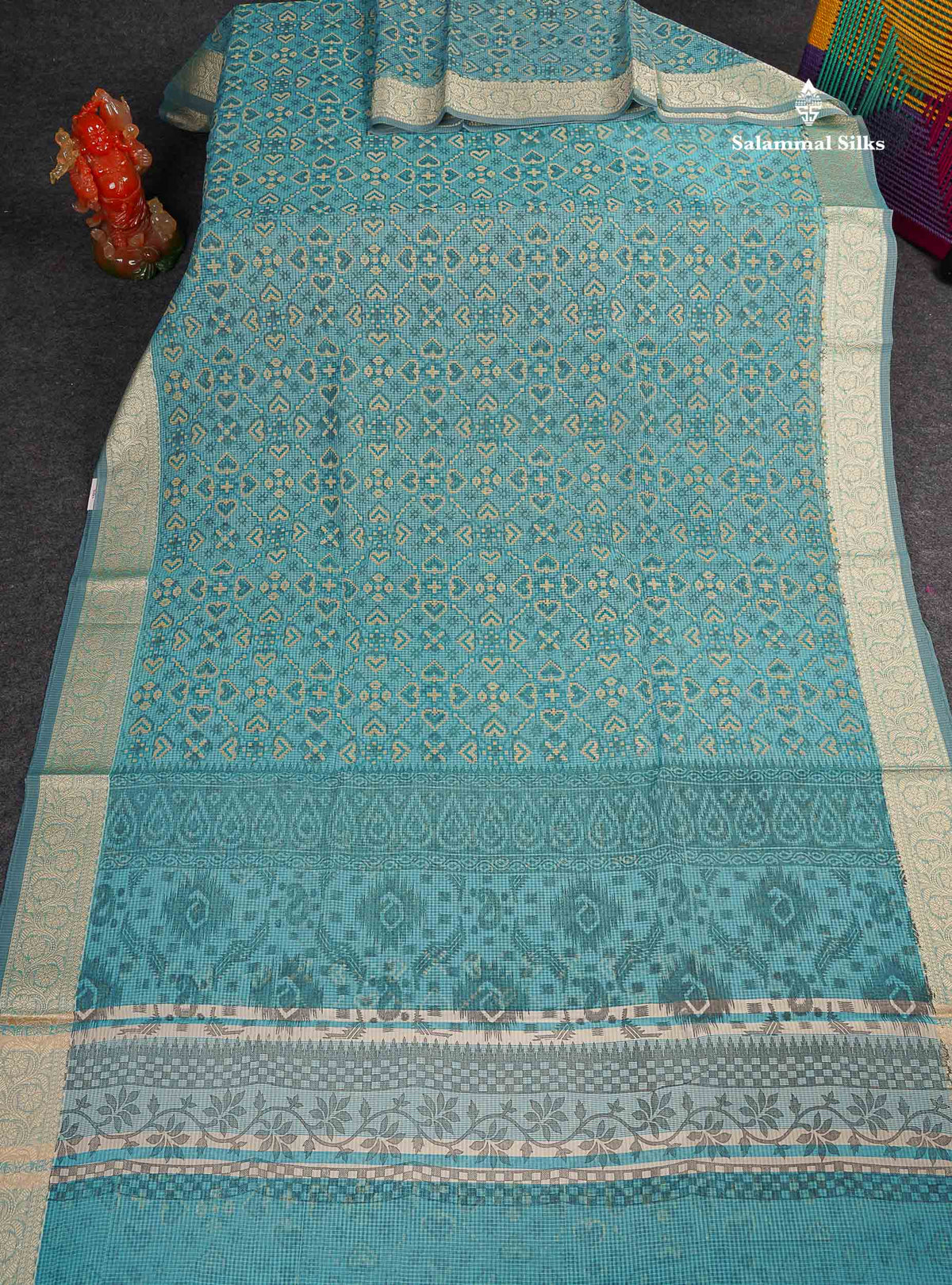 Kota Cotton Saree - Aqua Blue Colour Body With Fancy Thread Border