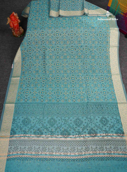 Kota Cotton Saree - Aqua Blue Colour Body With Fancy Thread Border