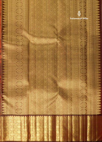 Rust Orange Tiny Zari Checks Pure Kanjivaram Silk Saree 2G Zari with Contrast Brown Border