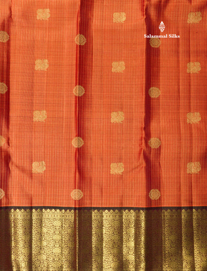 Rust Orange Tiny Zari Checks Pure Kanjivaram Silk Saree 2G Zari with Contrast Brown Border
