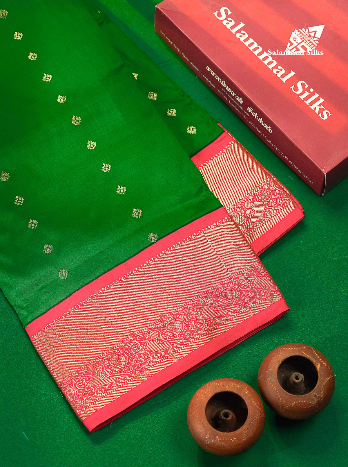 9 Yards Semi Silk Saree Saffire Green With Contrast Pink Traditional Border
