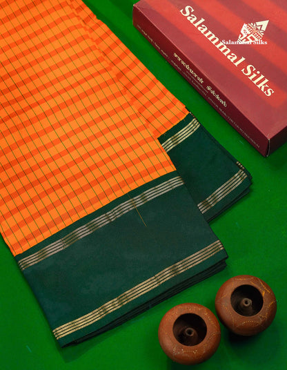 Semi Silk Saree - Yellow & Orange Colour Body Checks With Contrast Green Traditional Gap Border | 9.5 Yards 
