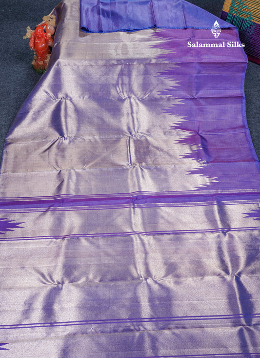 8 Kol Purple Tiny Zari Checks Pure Kanjivaram Silk Saree with Traditional Rising Temple Border