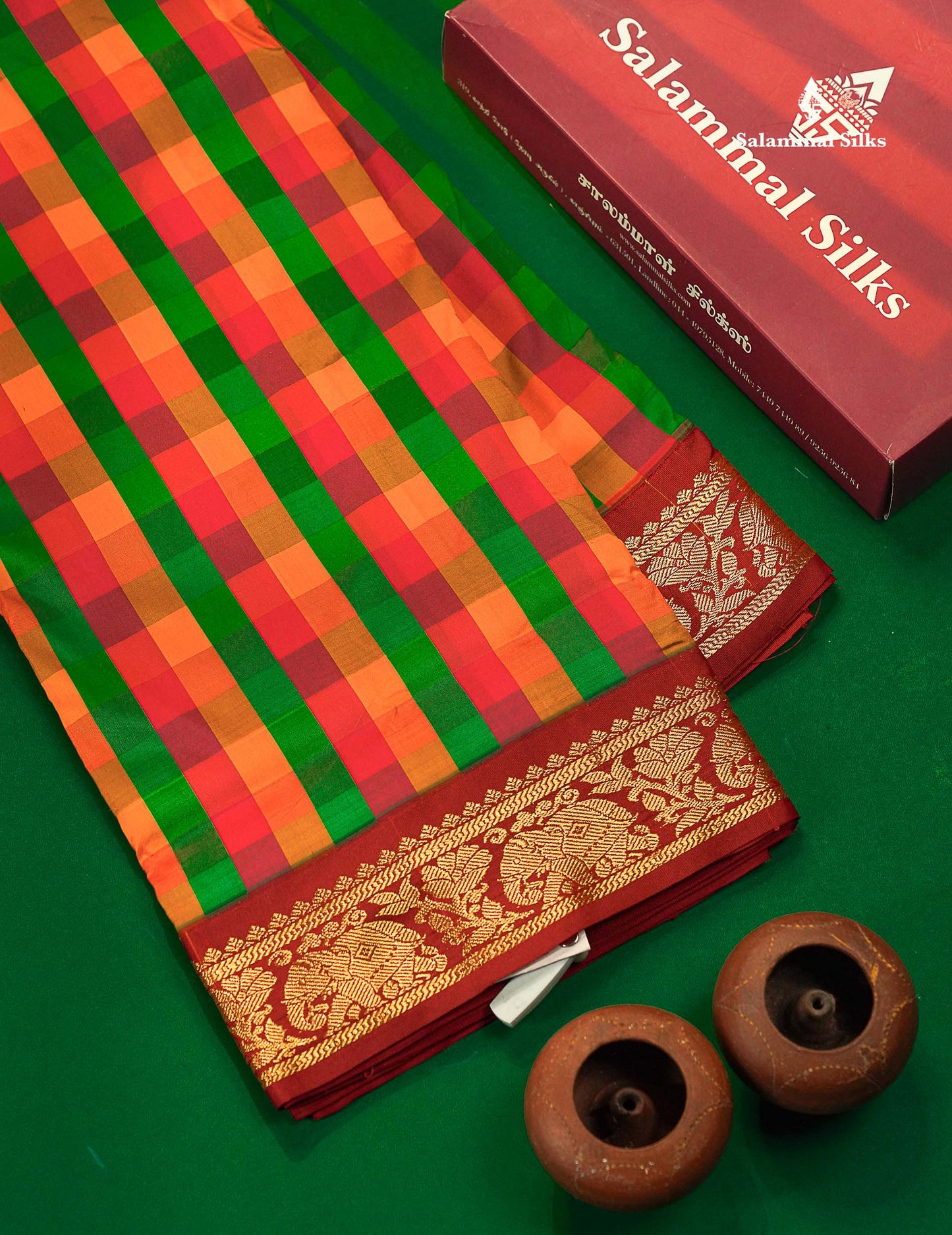 9 Yards Semi Silk Saree Paalum Pazham Checks With Contrast Maroon Traditional Border