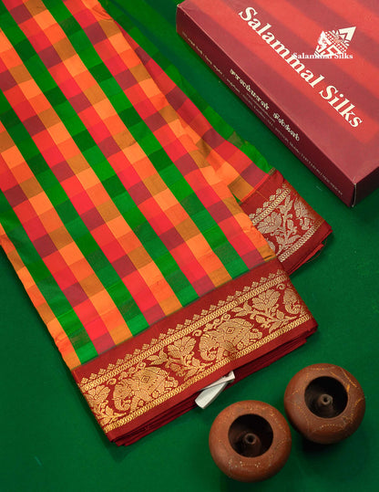 9 Yards Semi Silk Saree Paalum Pazham Checks With Contrast Maroon Traditional Border
