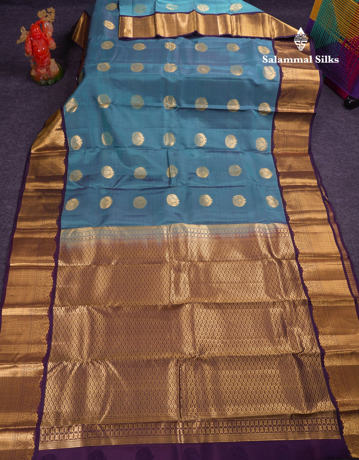 Beautiful Dual Tone Peacock Blue Puremix Silk Saree With Contrast Dark Magenta Traditional Border
